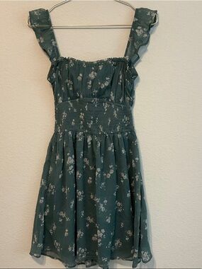 Hollister Saidie Chiffon Green Floral Flutter Sleeve Mini Dress Small